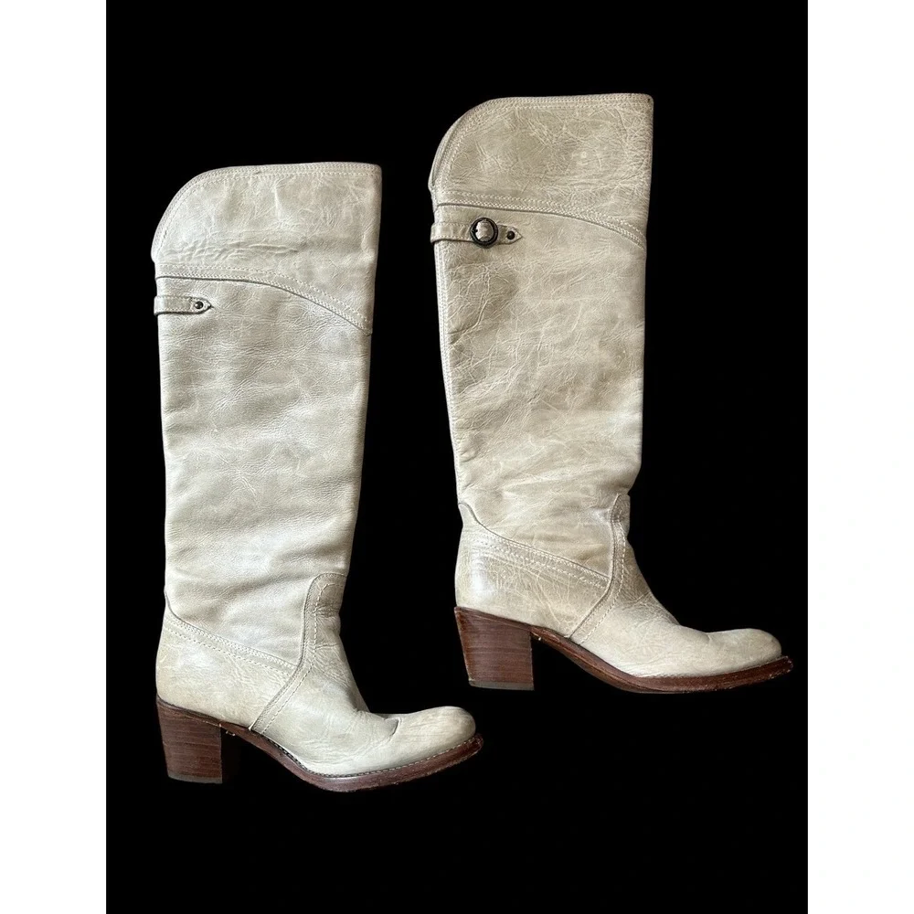 Frye Jane Tall Cuff OTK Boots Leather Fold Over Beige Sz 7.5B $390